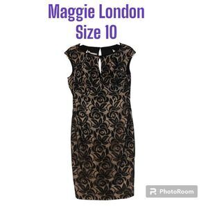 Maggie London Form Fitting Knee Length Black Lace Over Nude Lining Size 10